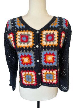 EYE CANDY Y2K Sweater Granny Square Cardigan Crochet Navy Blue Acrylic Size Med?